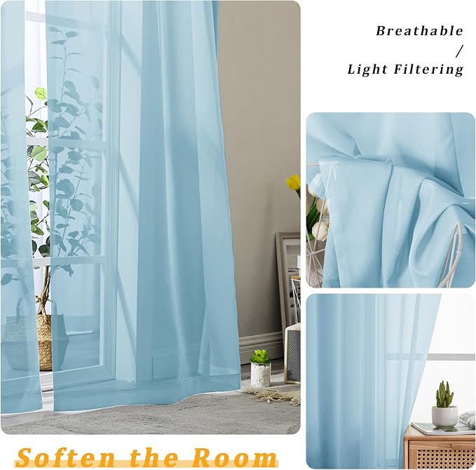 Gwine Sky Blue Sheer Curtains 96 Inches Long 2 Panels, Elegant Window - Image 3
