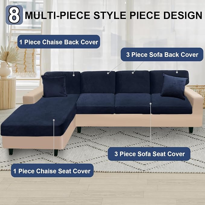 NAISI Sectional Couch Covers 8 Pieces Velvet Couch Cushion Covers L Shape Soft - Image 5