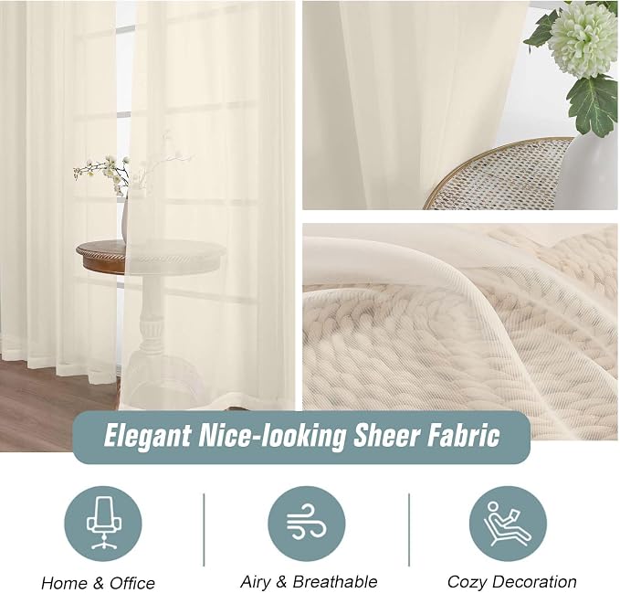 Cream Sheer Curtains 63 Inch Length 2 Panels, Voile Sheer Curtain - Image 4
