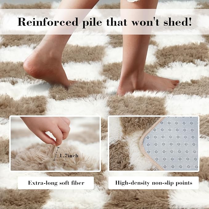 Checkered Rug for Living Room, 9x12 Beige and White Area Rugs, Classic - Image 6