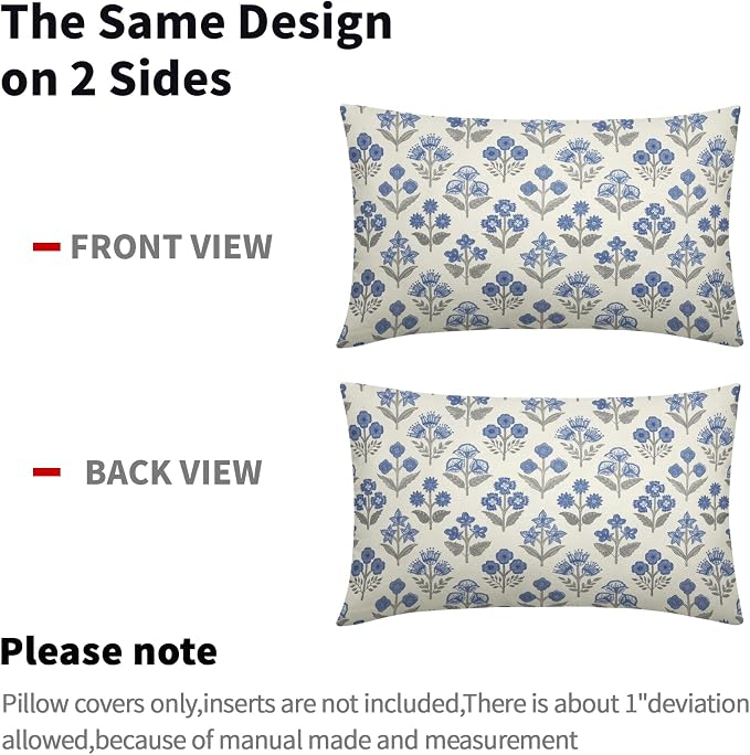 Blue Grey Gray Floral Pillow Covers 12x20 Inch Set of 2, Block Print Lumbar - Image 4