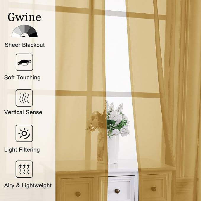 Gwine Gold Sheer Curtains for Living Room 45 inches Long, Short Voile Light - Image 2
