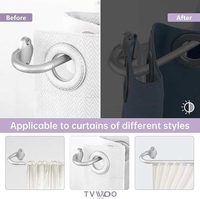 TVWOO Silver Wrap Around Curtain Rods:5/8In Blackout Adjustable Window Curtain - Image 3