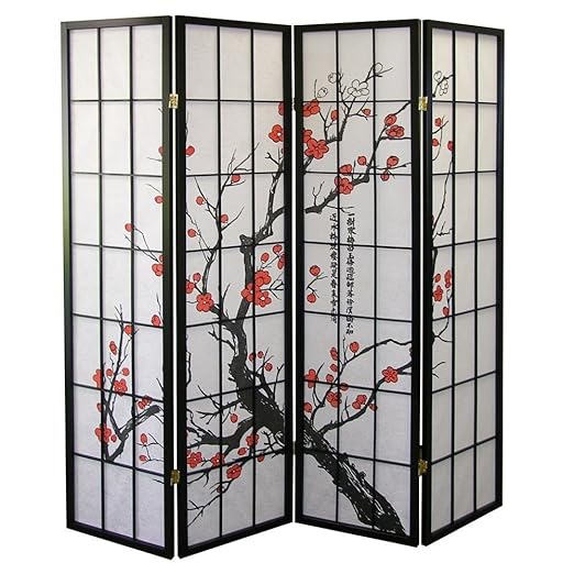 Roundhill Furniture Black Japanese 4-Panel Screen Room Divider, Plum Blossom - Image 2