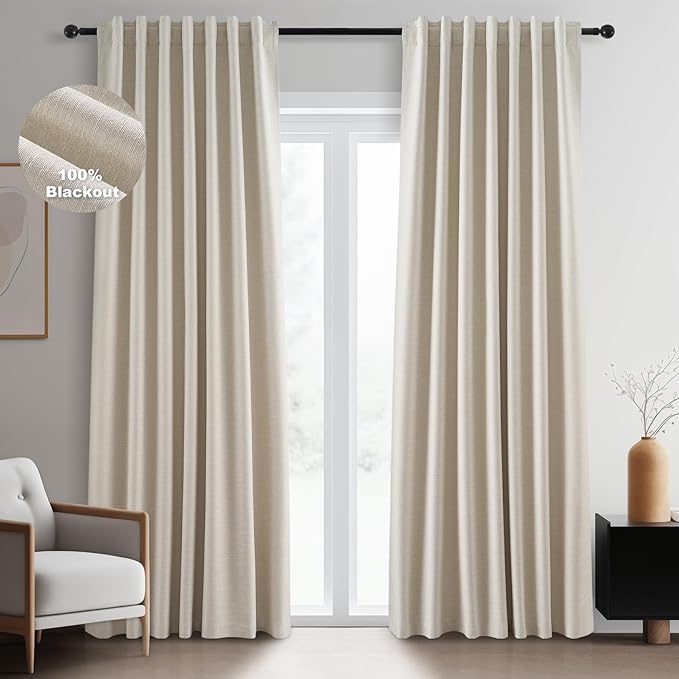 Topfinel Beige Linen Blackout Curtains 84 Inch Long, Modern Black Out Curtains by Topfinel