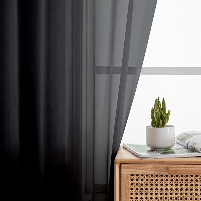Simplebrand Black Sheer Curtains 90 Inches Long, Light Filtering Rod Pocket - Image 3