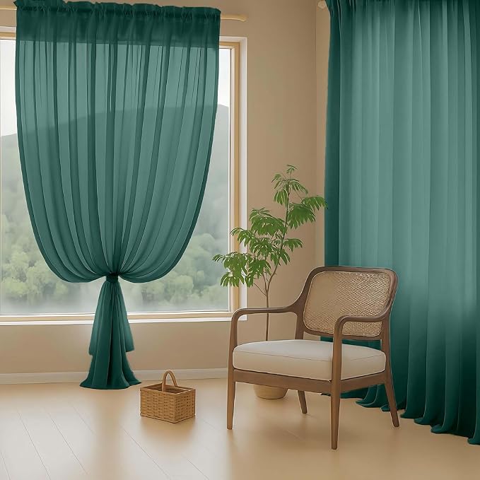 Green Sheer Curtains 90 Inches Long 2 Panels, Light Filtering Solid Sheer - Image 8