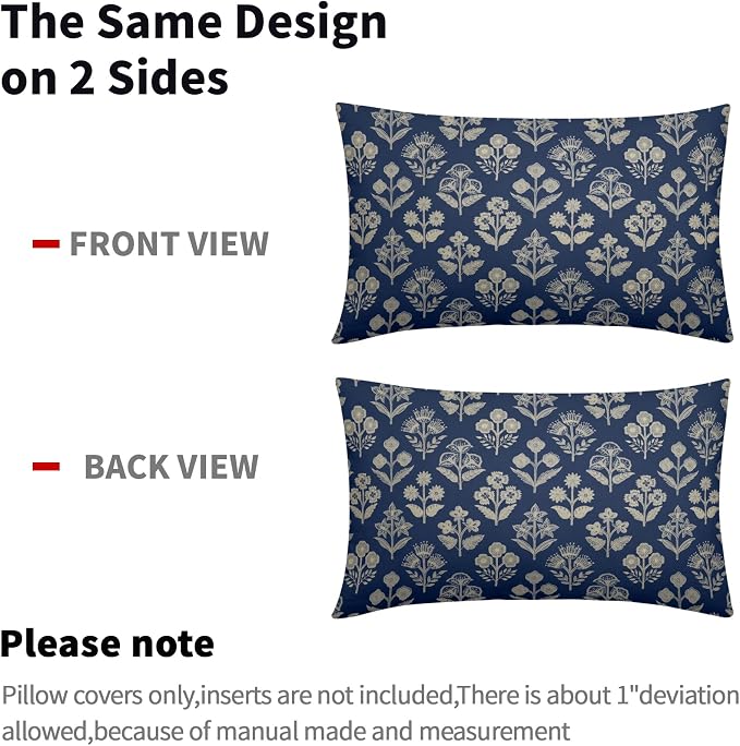Dark Blue Pillow Covers 12x20 Inch Set of 2, Cream Floral Block Print Pattern - Image 4