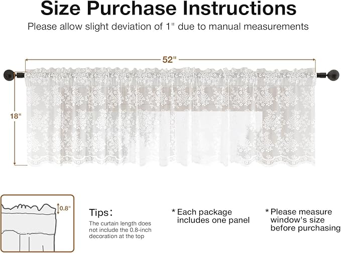Rinwoc White Lace Semi-Sheer Valance Cafe Curtains – Vintage Floral Lace Tiers - Image 2