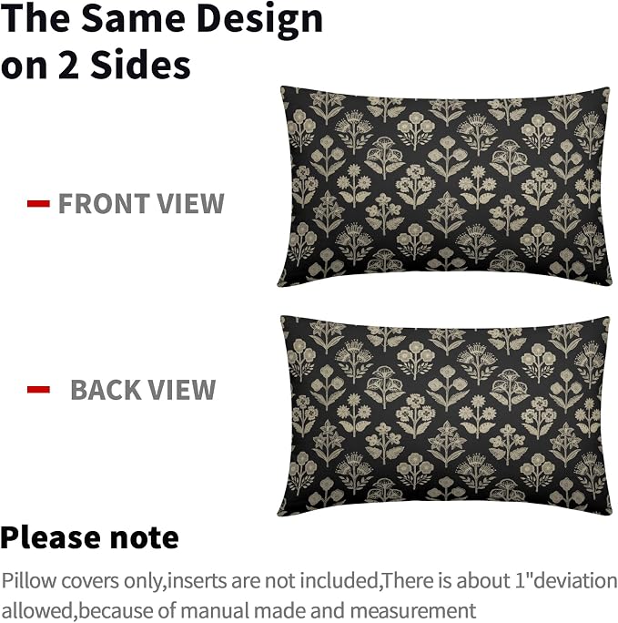 Black Pillow Covers 12x20 Inch Set of 2, Cream Floral Block Print Pattern - Image 4