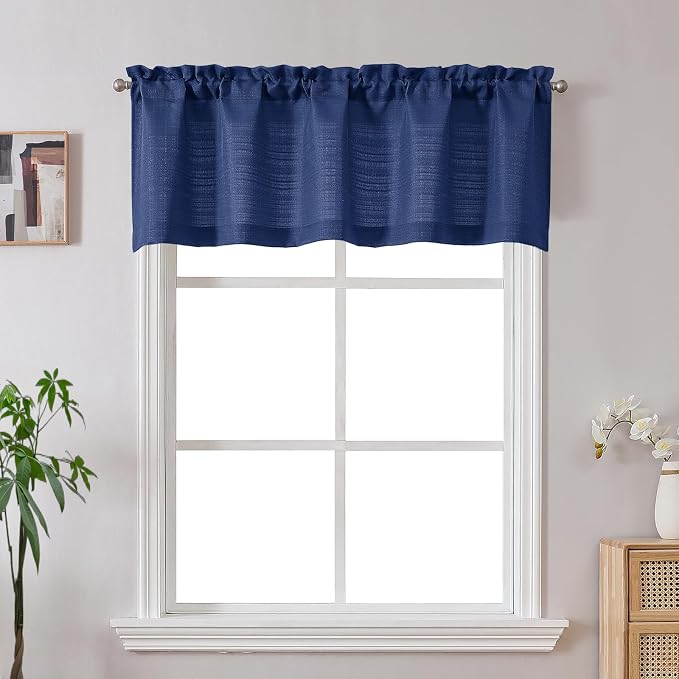 Gwine Blue Valance Curtain, Light Filtering Faux Linen Textured Valance Kitchen by Gwine