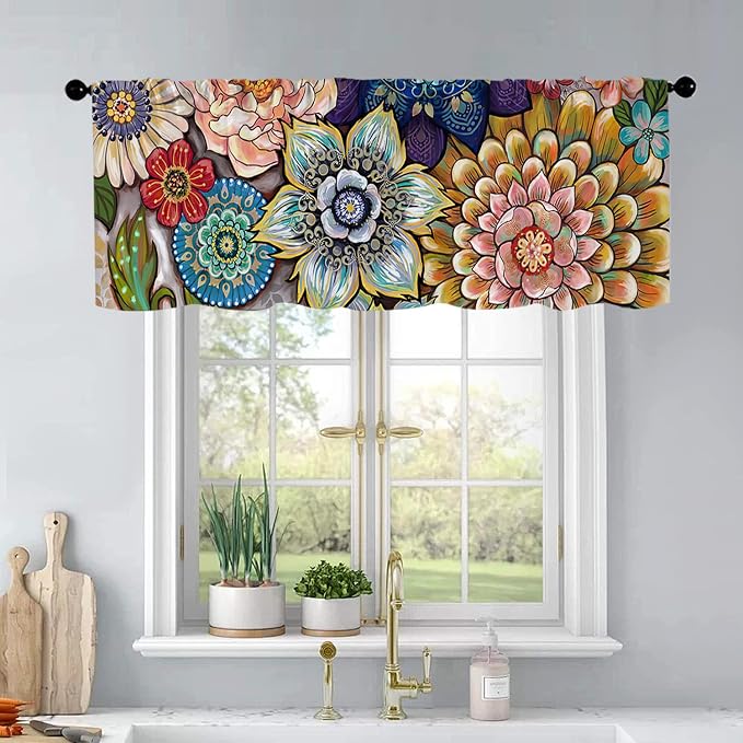 Boho Flower Kitchen Curtains Colorful Oil Painting Flowers Design by BrilliStar