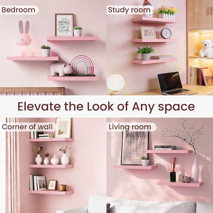 BAYKA Pink Floating Shelves for Wall – 15.7in Wood Wall Shelves for Bathroom - Image 7