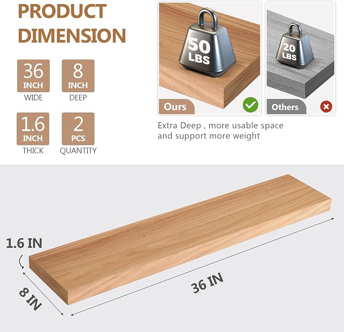 Floating Shelves, Deep USA-Sourced Rustic Elm Wood Wall Shelves - Image 3