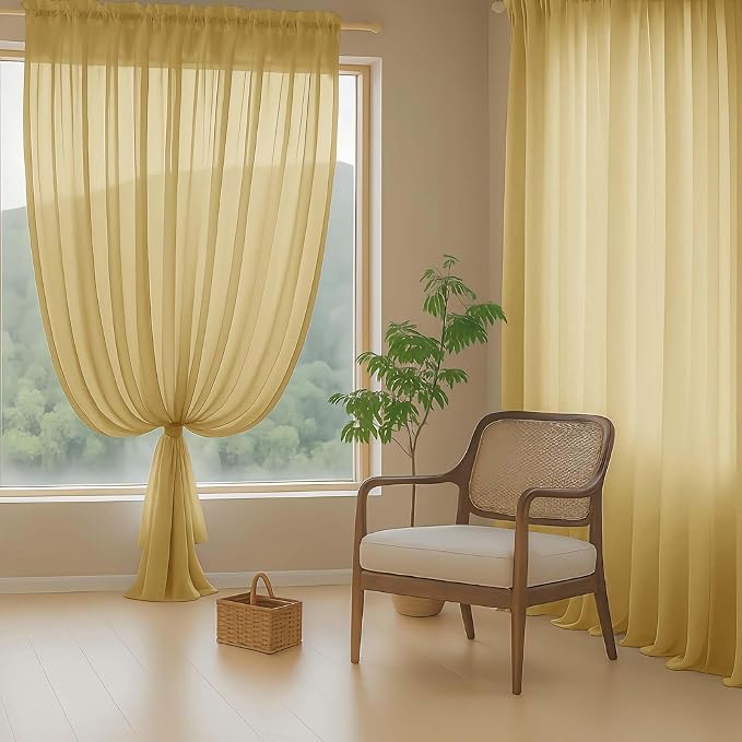 Gold Sheer Curtains for Window 96 Inches Long 2 Panels Set, Soft Airy Light - Image 8