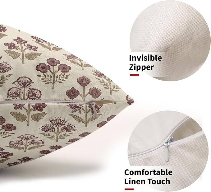 Brown Burgundy Floral Pillow Covers 12x20 Inch Set of 2, Block Print Lumbar - Image 2