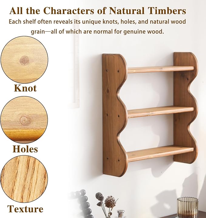 100% Solid Wood Wall Shelf 3-Tier, Rustic Floating Shelves Wall Mounted Storage - Image 7
