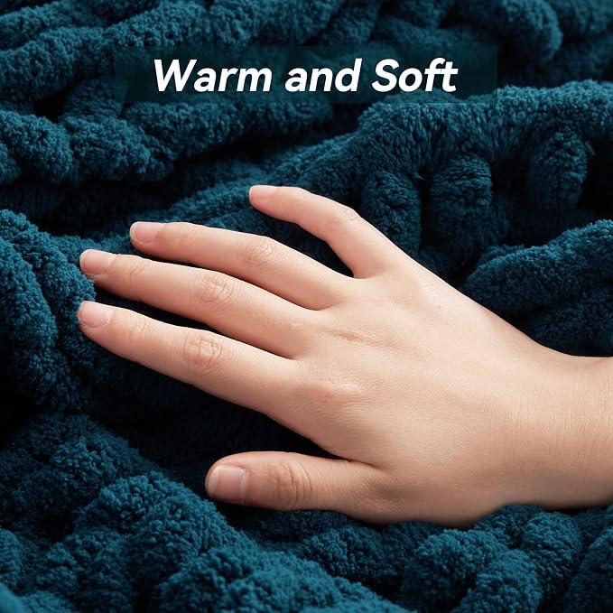 Negwoo Chunky Knit Throw Blanket, Handmade Peacock Blue Crochet Big Thick - Image 7