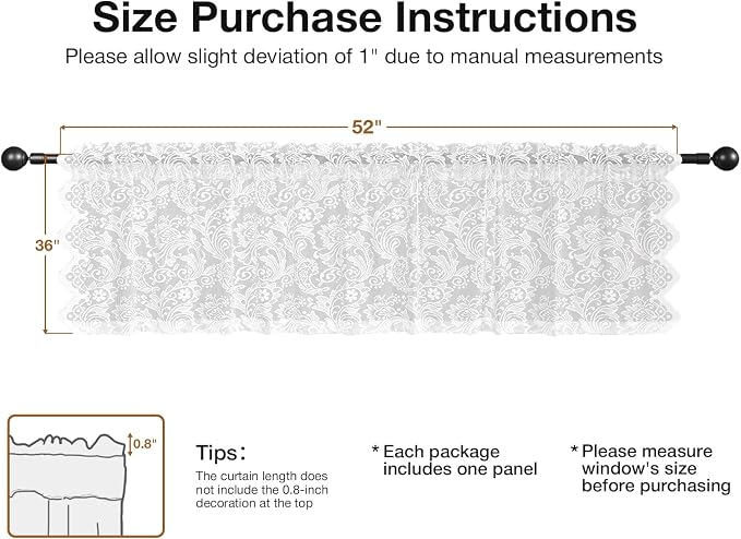 Rinwoc White Lace Semi-Sheer Kitchen Valance Curtains – Vintage Floral Lace - Image 2