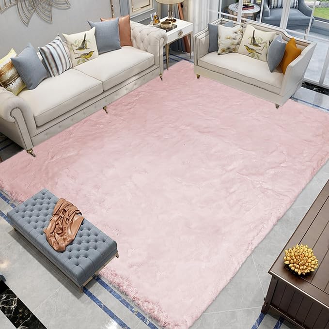 Latepis Light Pink Furry Rug 8x10 Soft Faux Rabbit Fur Rugs by Latepis