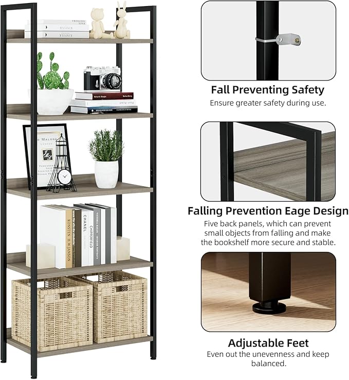 NUMENN Bookshelf, 5 Tier Bookshelves, Home Office Bookcase Shelf Storage - Image 6