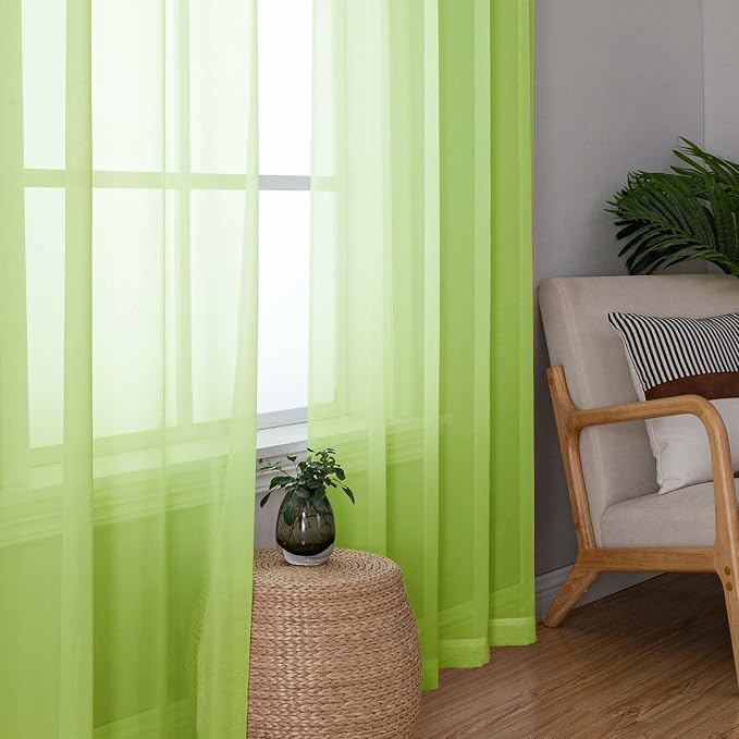 Lecloud Lime Sheer Curtains for Living Room 54 Inch Length 2 Pcs, Solid Color - Image 2