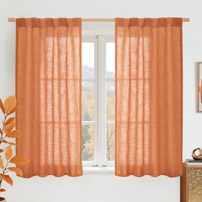 LAMIT Burnt Orange Linen Curtains 45 Inch Length 2 Panels, Light Filtering by LAMIT