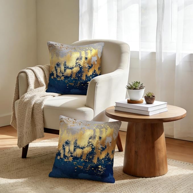 Navy Blue and Gold Pillow Covers 18 x 18 inch Set of 2 Decorative Cushion - Image 2