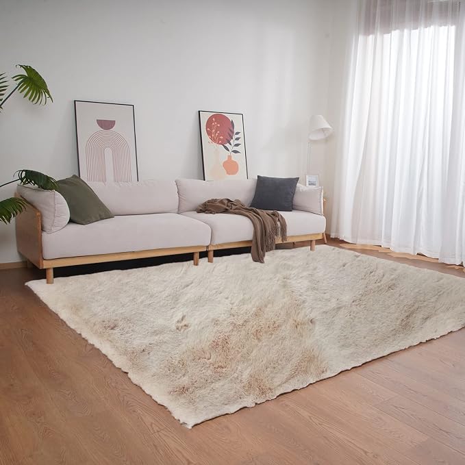 Ghouse Light Brown Beige Faux Rabbit Fur Rug 6x9 Machine Washable Area Rugs by Ghouse