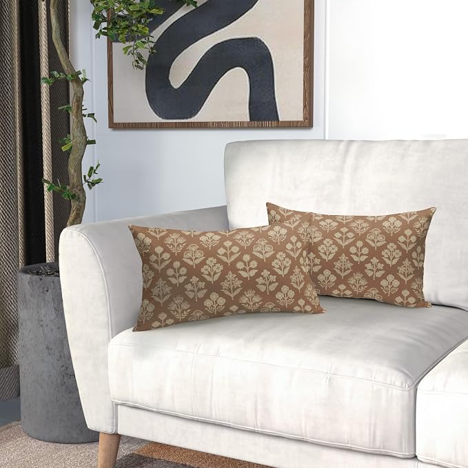 Brown Pillow Covers 12x20 Inch Set of 2, Cream Floral Block Print Pattern - Image 6