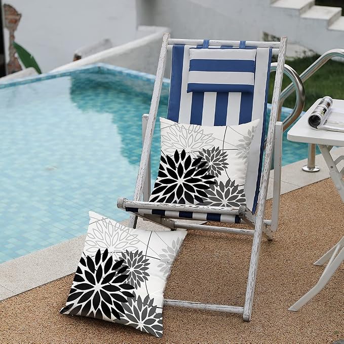 Black Grey Floral Pillow Covers 20x20 Set of 2 Outdoor Waterproof White Colored - Image 4