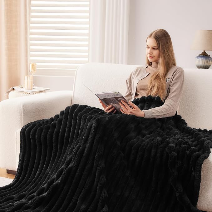 NEWCOSPLAY Super Soft King Blanket Black Premium Silky Flannel Fleece 3D Ribbed - Image 4