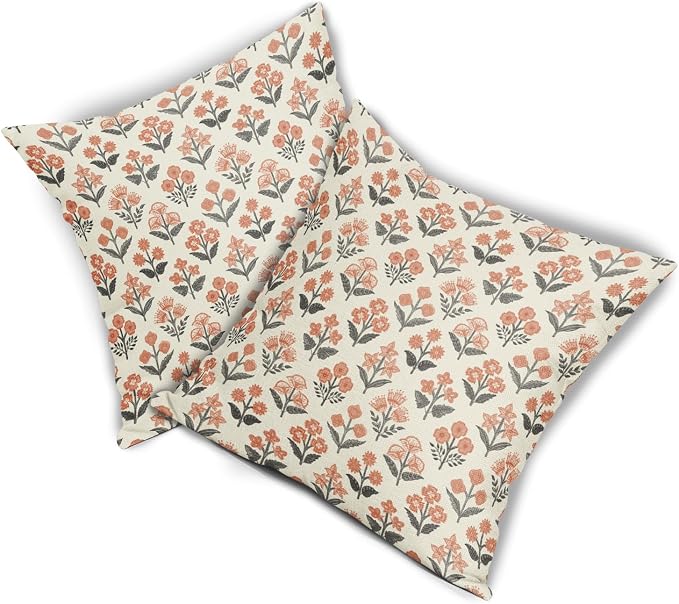 Orange Black Floral Pillow Covers 22x22 Inch Set of 2, Vintage Flower Block - Image 8
