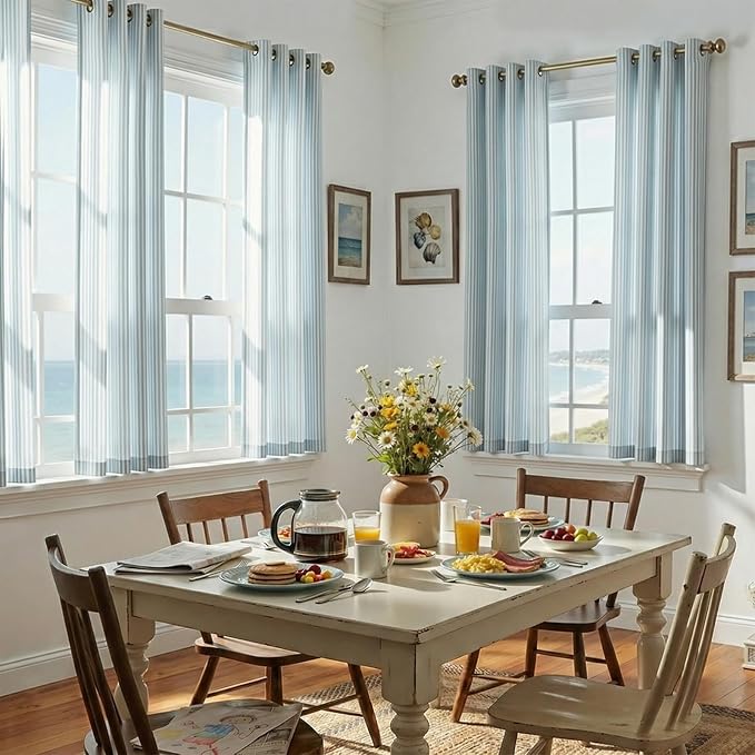 jinchan Linen Curtains for Living Room Aqua Blue Vertical Striped on White - Image 3