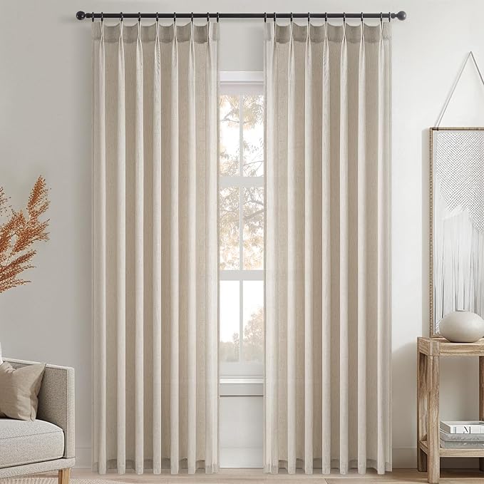 96 Inches Long Pleated Sheer Curtains, Oatmeal Linen Blended Light Filtering - Image 8