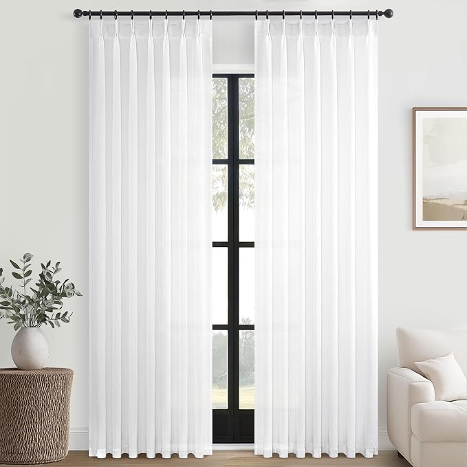 Topfinel Home Beige White Pinch Pleated Semi Sheer Curtains Textured Linen - Image 9