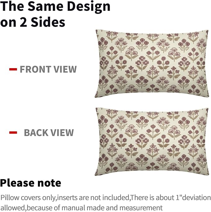 Brown Burgundy Floral Pillow Covers 12x20 Inch Set of 2, Block Print Lumbar - Image 4