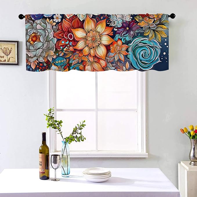 Boho Flower Kitchen Curtains Colorful Oil Painting Flowers Design - Image 2