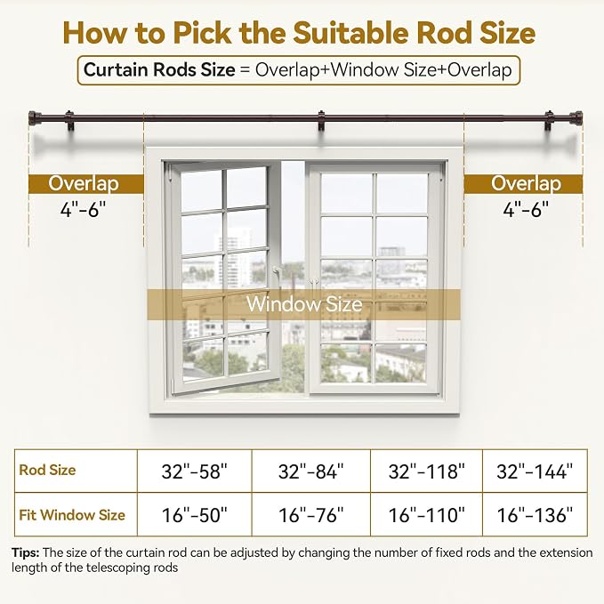 YaFex Curtain Rods 32-118 Inch, Heavy Duty 1 Inch Adjustable Curtain Rod - Image 6
