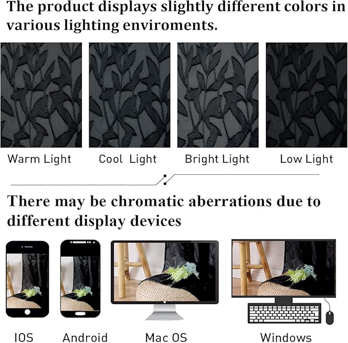 Lecloud Leia Clip Textured Leaf Black Sheer Curtains 63 Inch Length 2 Panels - Image 4