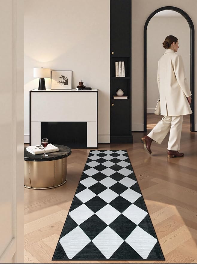 Beeiva Checkered Print Black Bathroom Runner Rug 2x6, Washable Ultra Thin Non - Image 4
