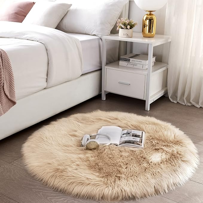 SERISSA Soft Round Faux Sheepskin Fur Area Rug Beige Circle Fluffy Rugs - Image 2