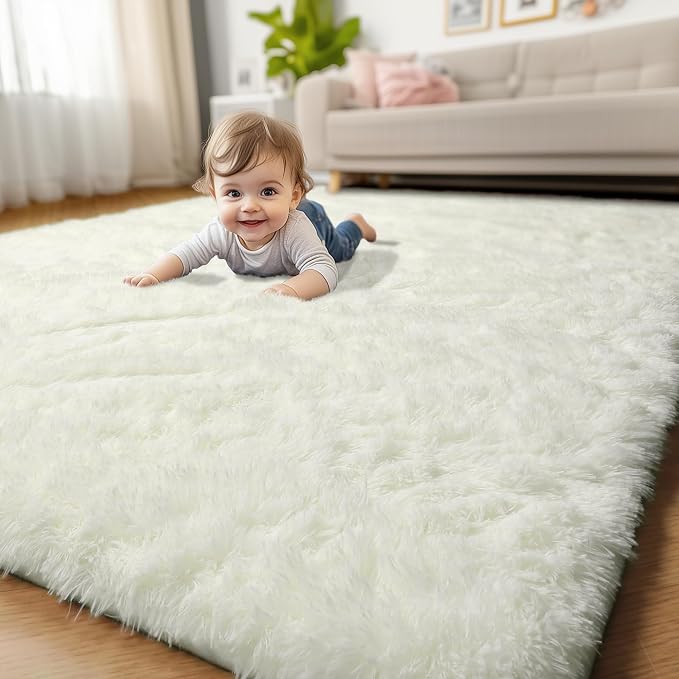 Amdrebio Ivory Rugs for Living Room Bedroom, 6x9 Soft Fluffy Area Rug for Kids by Amdrebio