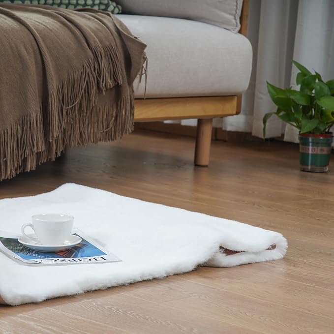 Latepis White Rugs Runners 2x6 Washable Small Shaggy Rug Soft Faux Rabbit Fur - Image 7