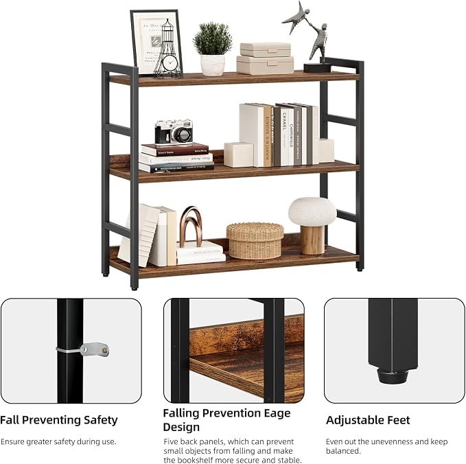 NUMENN Wide Bookshelf, 3 Tier Bookshelves, Home Office Bookcase Shelf Storage - Image 6