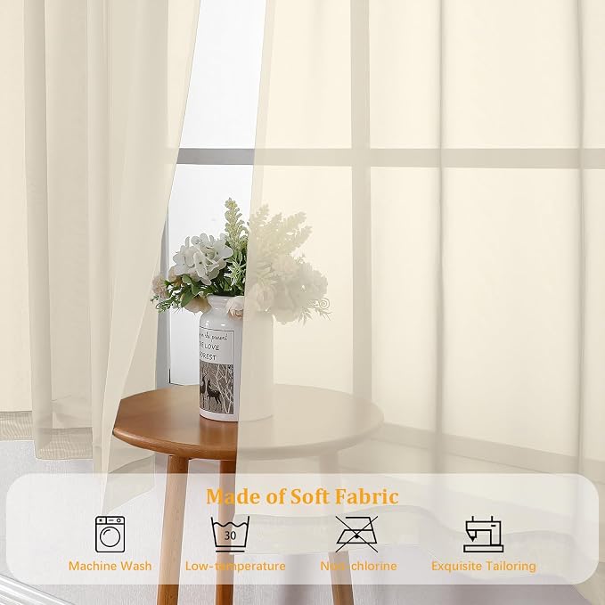 Gwine Cream Sheer Curtains for Bedroom 54 inches Long 2 Panels, Light Filtering - Image 7