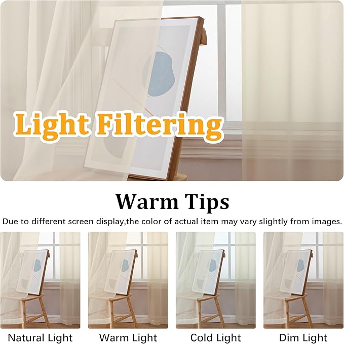 Gwine Cream Sheer Curtains 30 Inch Length, Short Light Filtering Voile Small - Image 5