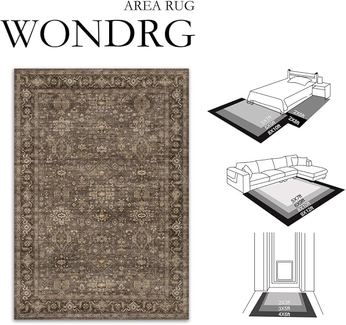 2x12 Washable Runner Rug for Hallway Kitchen Vintage Brown Non Slip Low Pile - Image 2