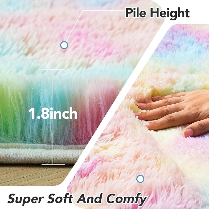 Round 5x5 ft Fluffy Rainbow Rug: Ultra Soft Furry Girls Bedroom Carpet- - Image 5