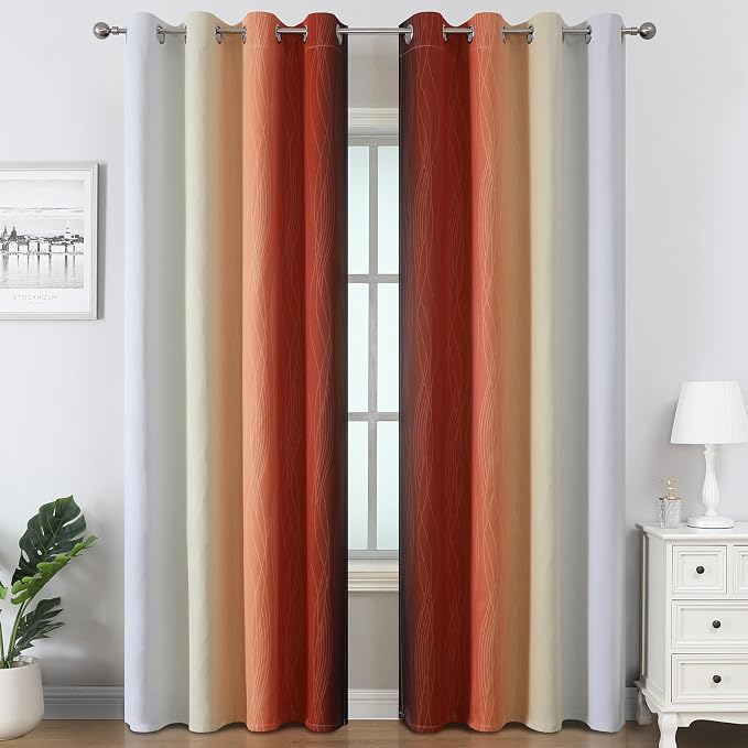 Estelar Textiler Burnt Orange and Greyish White Ombre Blackout Curtains - Image 2